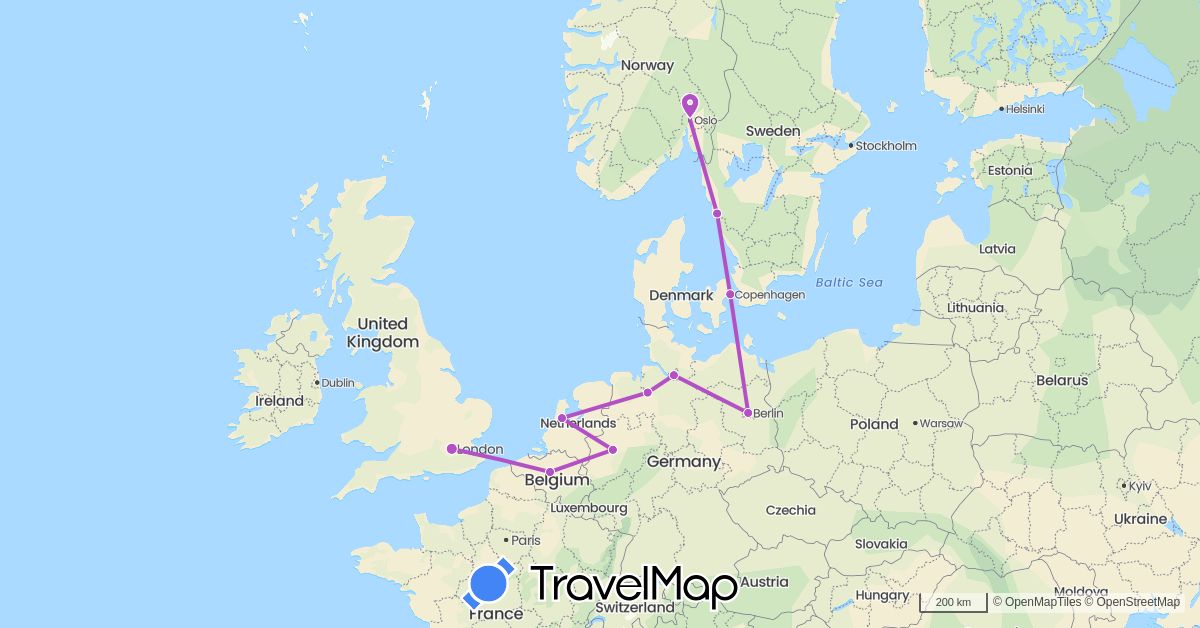 TravelMap itinerary: train in Belgium, Germany, Denmark, United Kingdom, Netherlands, Norway, Sweden (Europe)
